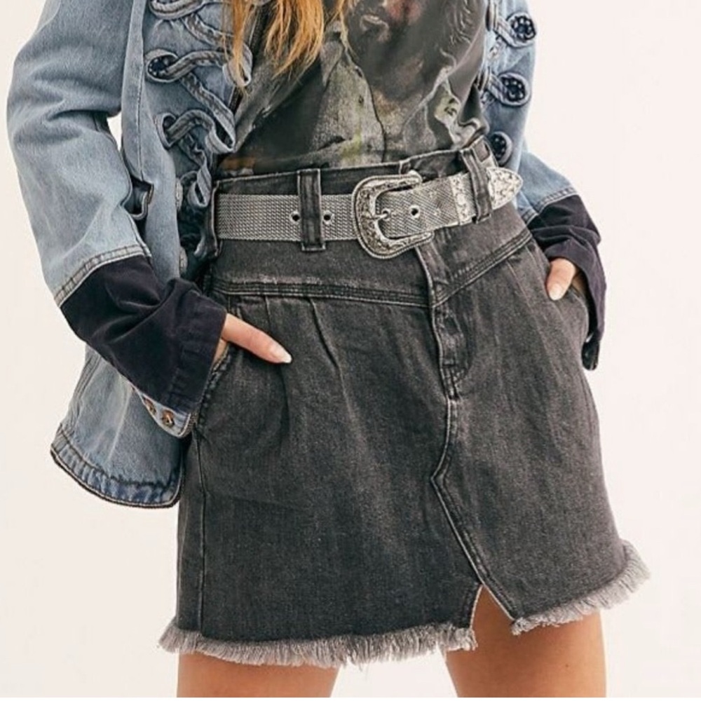 Free People Sidecar Sanded  Black Denim Mini Skirt Raw Hem  NWT 24 #37